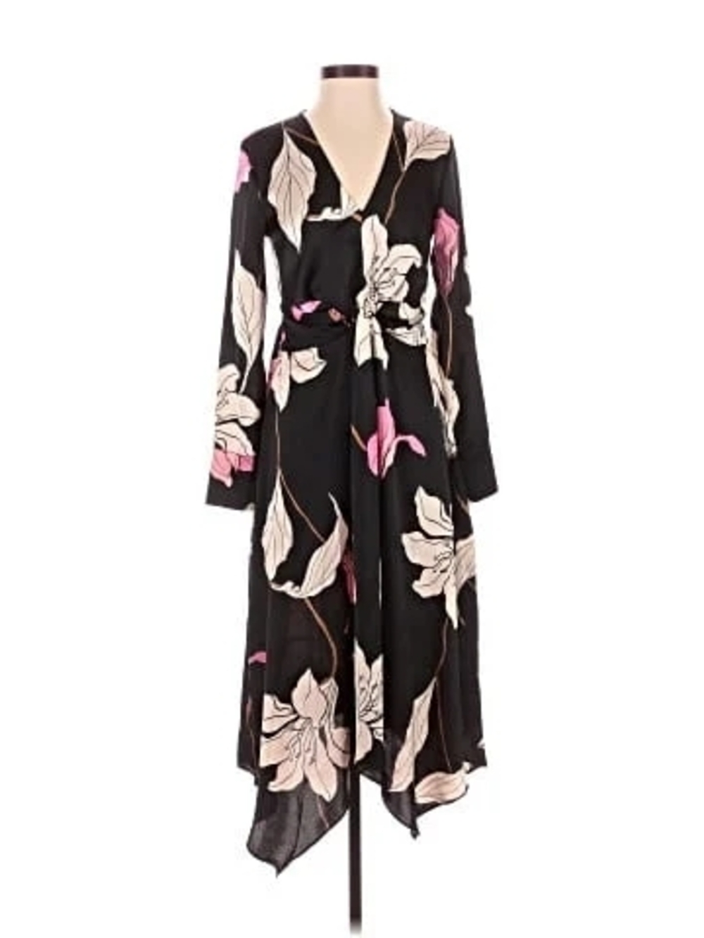 Black Floral Wrap Dress with Pink and Cream Blooms